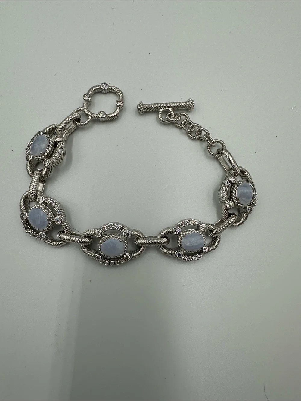 Judith Ripka 925 Sterling Silver Cable Links Toggle Stones CZ Bracelet